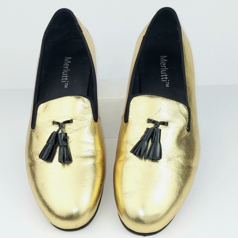 Merlutti Gold Leather Black Tassel Loafers Men's 9
